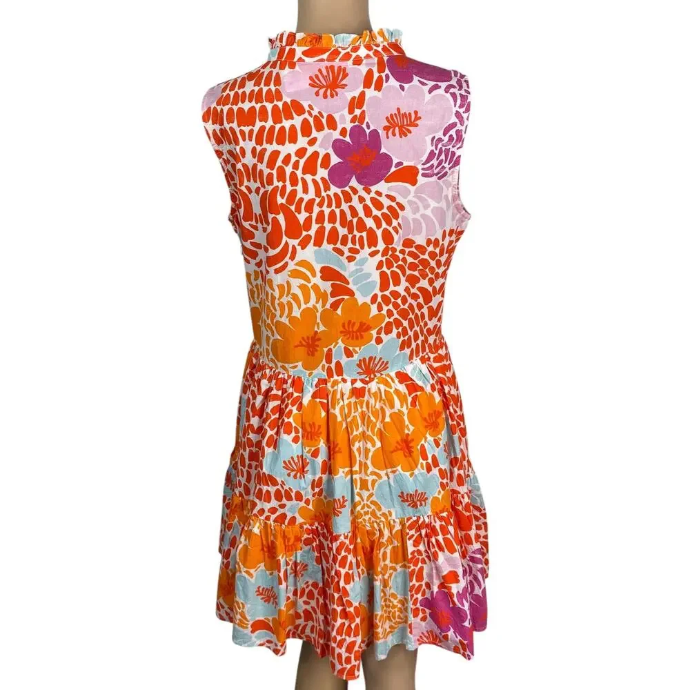 NWT Oliphant Yoke Antigua Orange Floral Tiered Swing Mini Dress SZ S - Picture 8 of 9